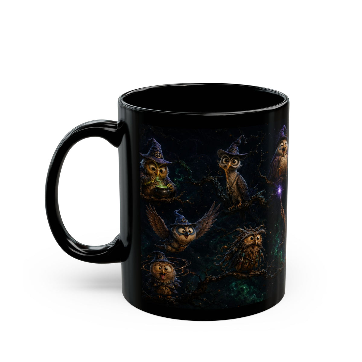 Halloween Magic Owl Night Mug — Cute Wizard Owls under Full Moon (Black 11oz/15oz)