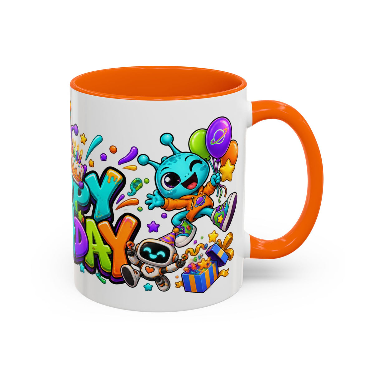 Happy Birthday Alien Mug – Colorful Space Party Cup with Cute Aliens & Robots