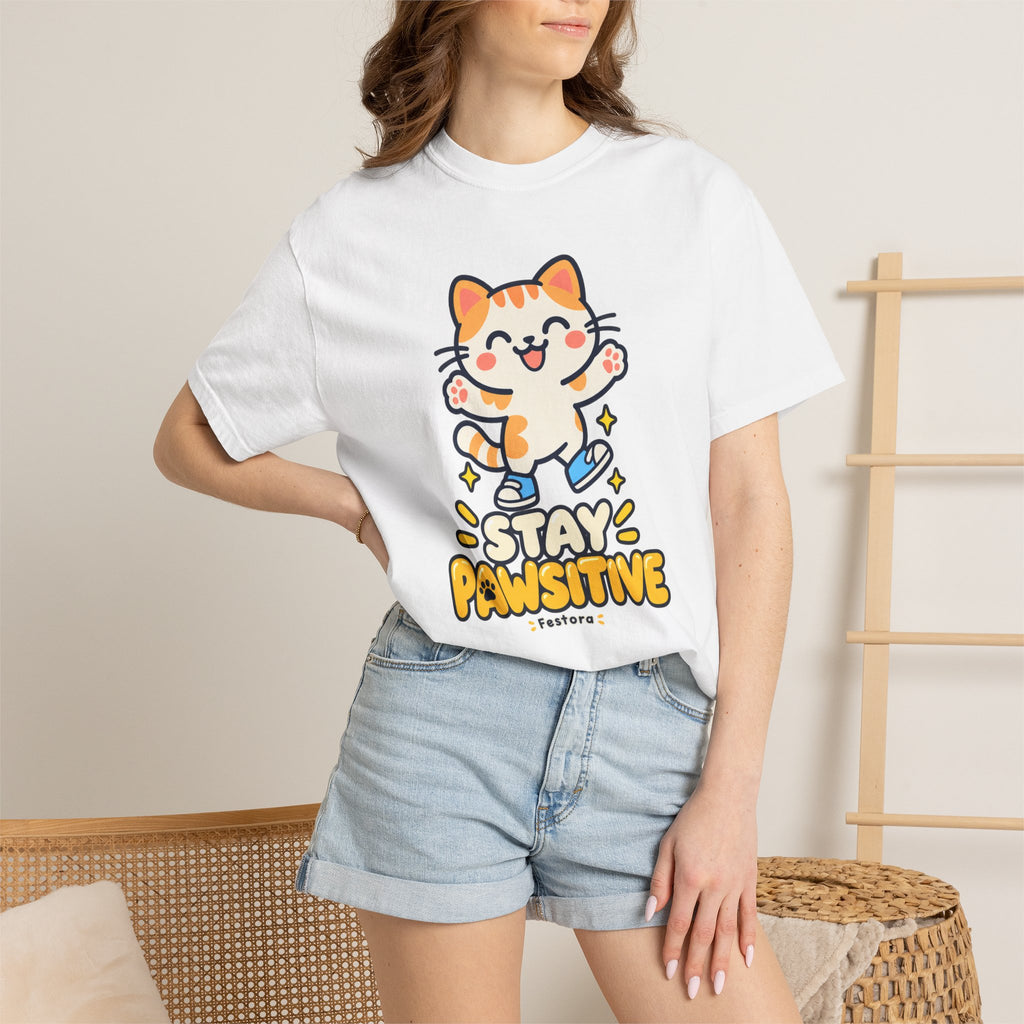 Stay Pawsitive – Cute Happy Cat Graphic T-Shirt