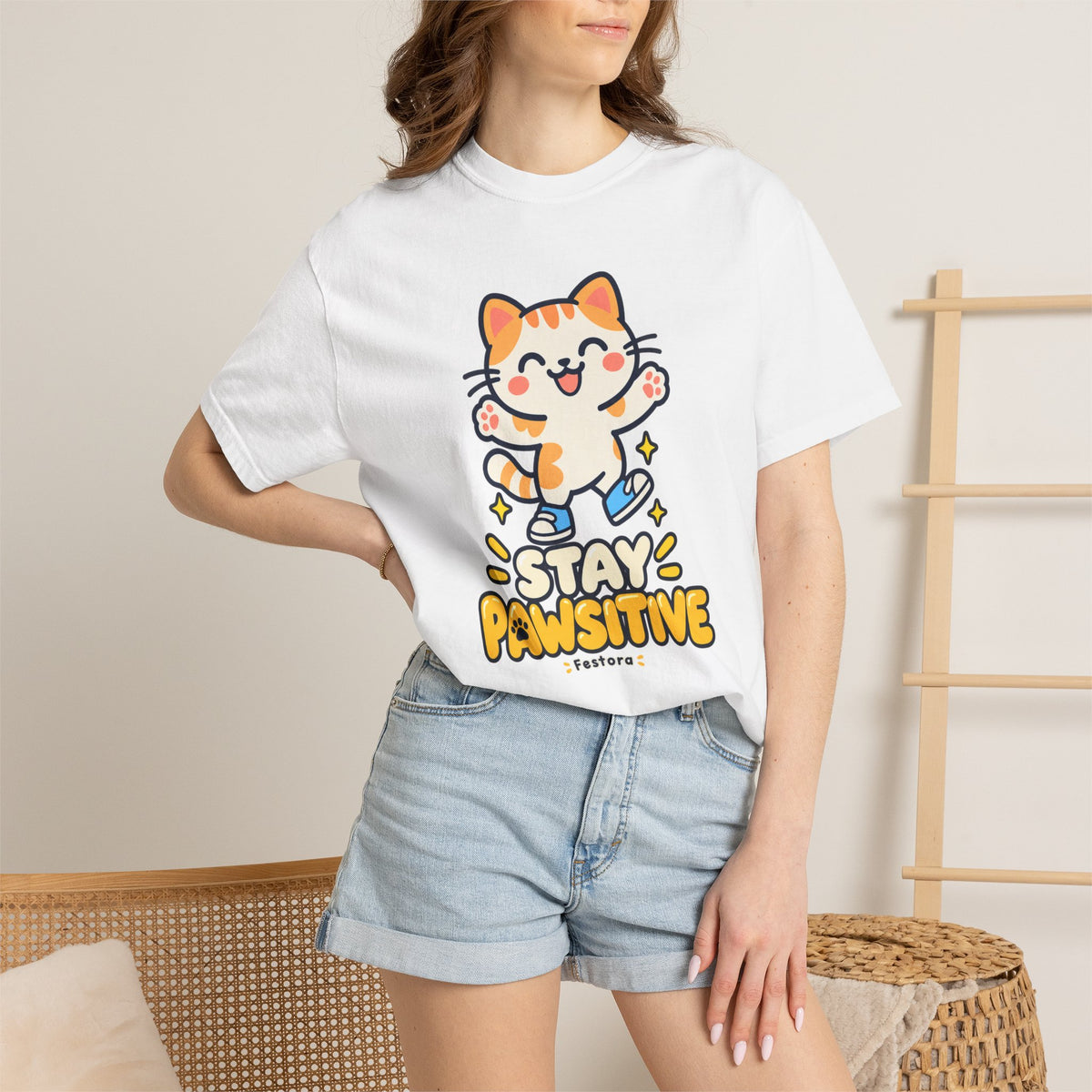Stay Pawsitive – Cute Happy Cat Graphic T-Shirt