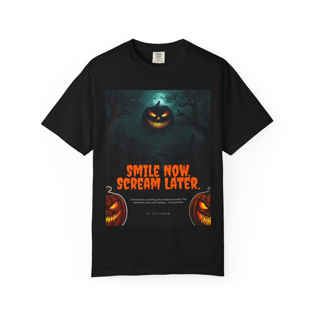 Halloween Pumpkin Tee — "Smile Now, Scream Later" Horror Graphic T-Shirt