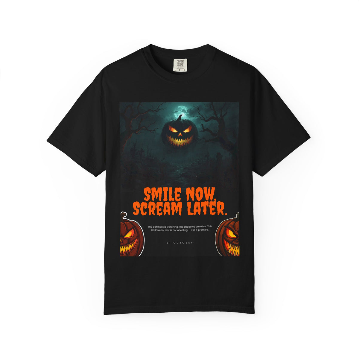 Halloween Pumpkin Tee — "Smile Now, Scream Later" Horror Graphic T-Shirt