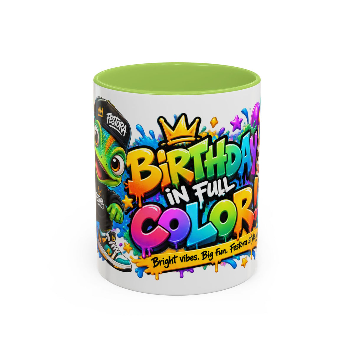 Birthday in Full Color White Ceramic Mug – Fun Colorful Birthday Coffee Cup – FestoraShop Original Design