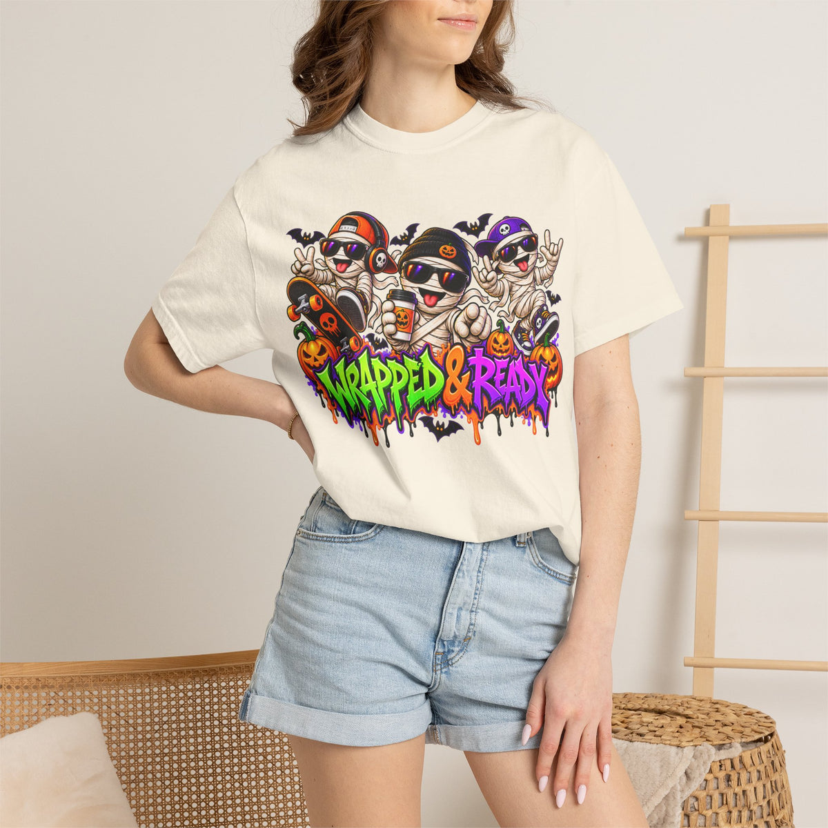 Wrapped & Ready – Halloween Mummy Crew Graphic T-Shirt