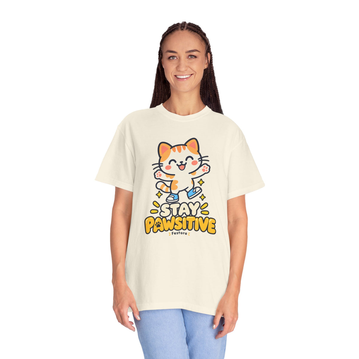 Stay Pawsitive – Cute Happy Cat Graphic T-Shirt