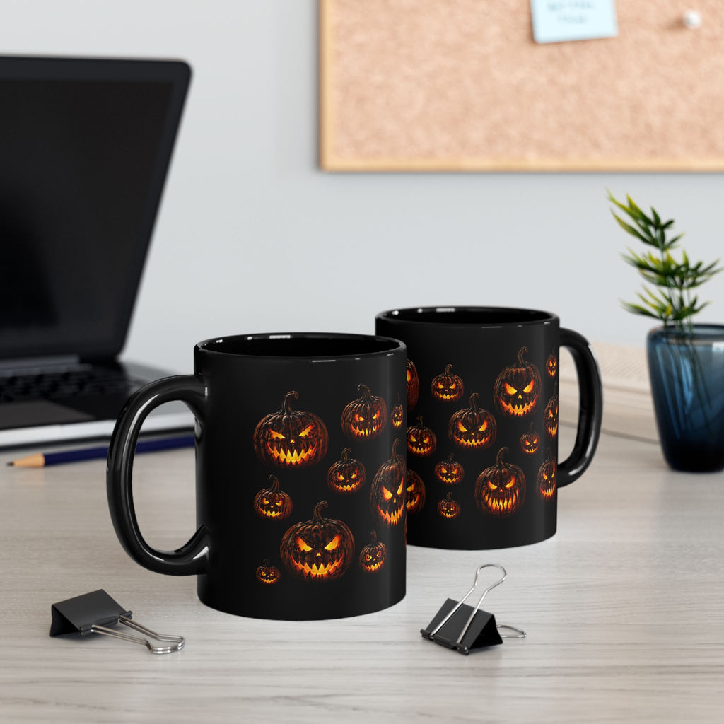 Glowing Evil Jack-O'-Lantern Black Mug - Halloween Pumpkin Wraparound Design (11oz, 15oz)