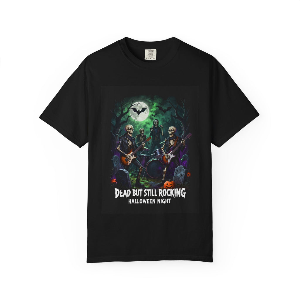 Halloween Rock Band T-Shirt — "Dead But Still Rocking" Skeleton Guitar Tee