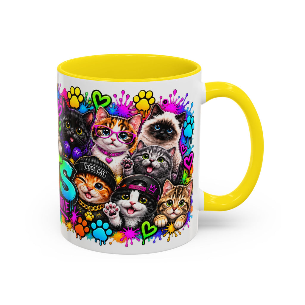 Cats Stay Pawsitive Accent Coffee Mug – Colorful Cute Cat Paw Print Design (11oz)