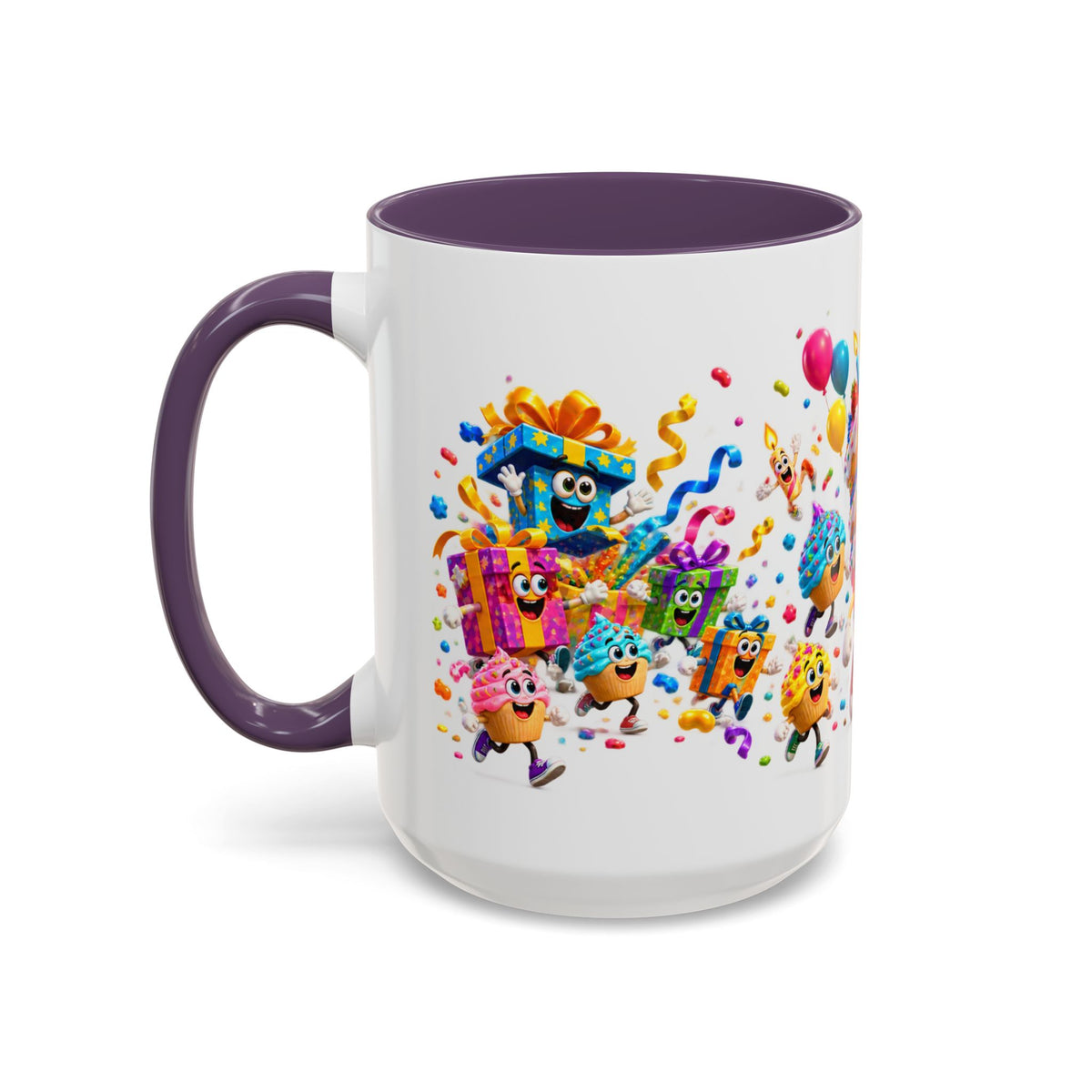 Birthday Party Coffee Mug – Colorful Happy Birthday Cake & Balloon Design (11/15oz Accent Mug)