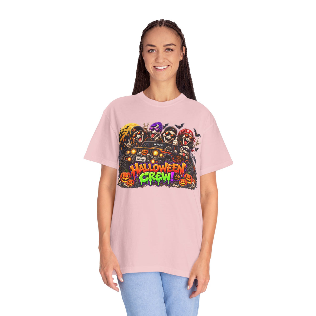 Halloween Crew T-Shirt – Skeleton Jeep Spooky Graphic Tee