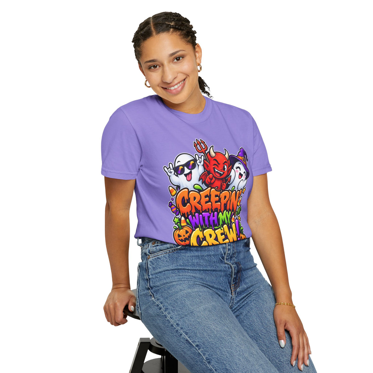 Creepin’ With My Crew Halloween T-Shirt – Colorful Funny Ghost & Devil Graphic Tee