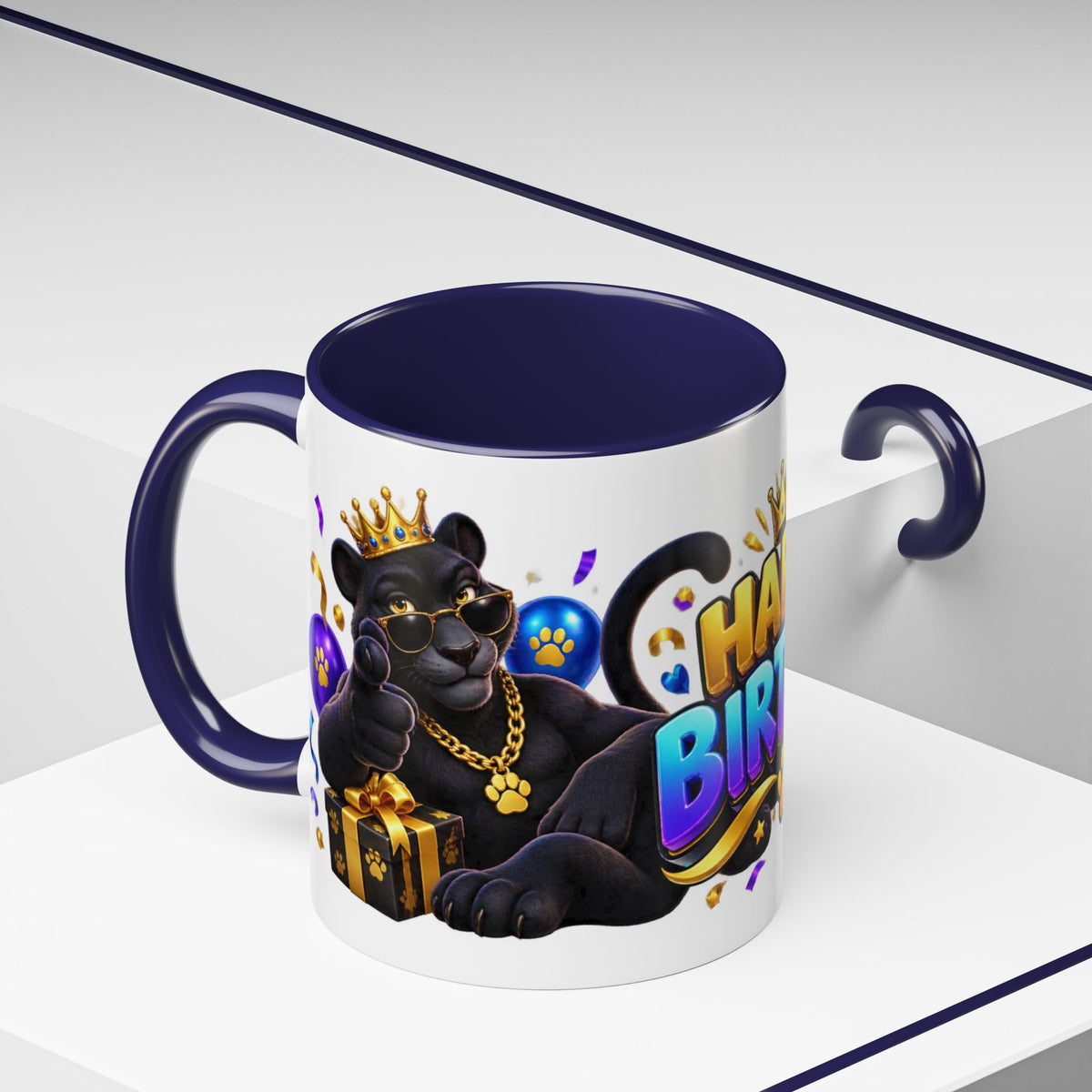 Black Panther Happy Birthday Mug – Purple Blue & Gold Birthday Gift – FestoraShop White Coffee Mug