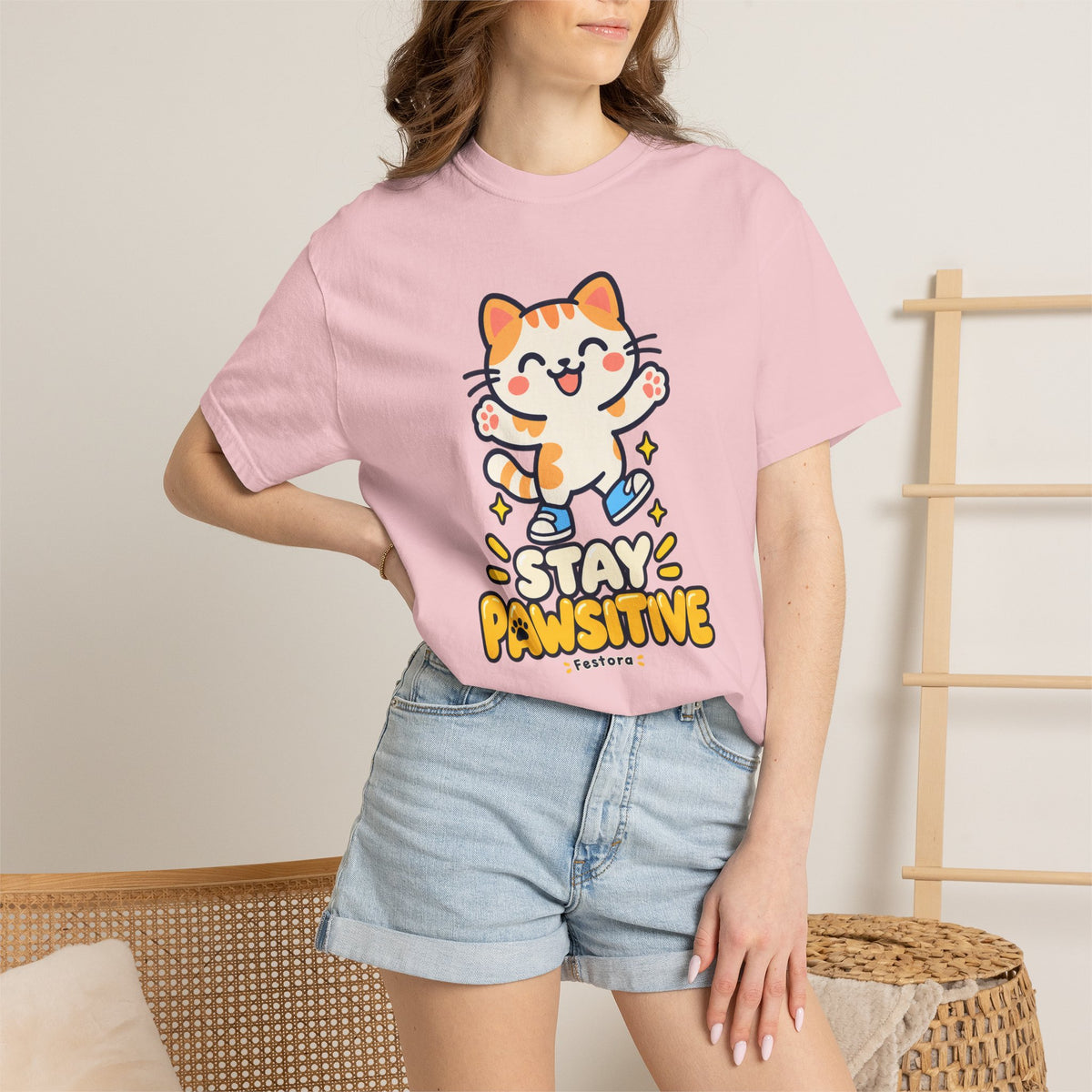 Stay Pawsitive – Cute Happy Cat Graphic T-Shirt