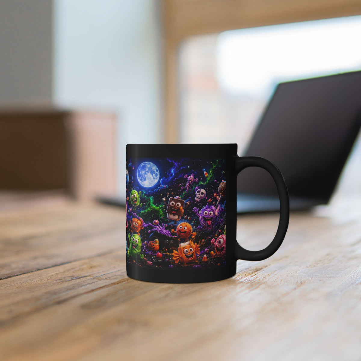 Spooky Candy Monsters Black Mug — Cute Moonlit Halloween Candy Moon Coffee Cup (11oz/15oz)