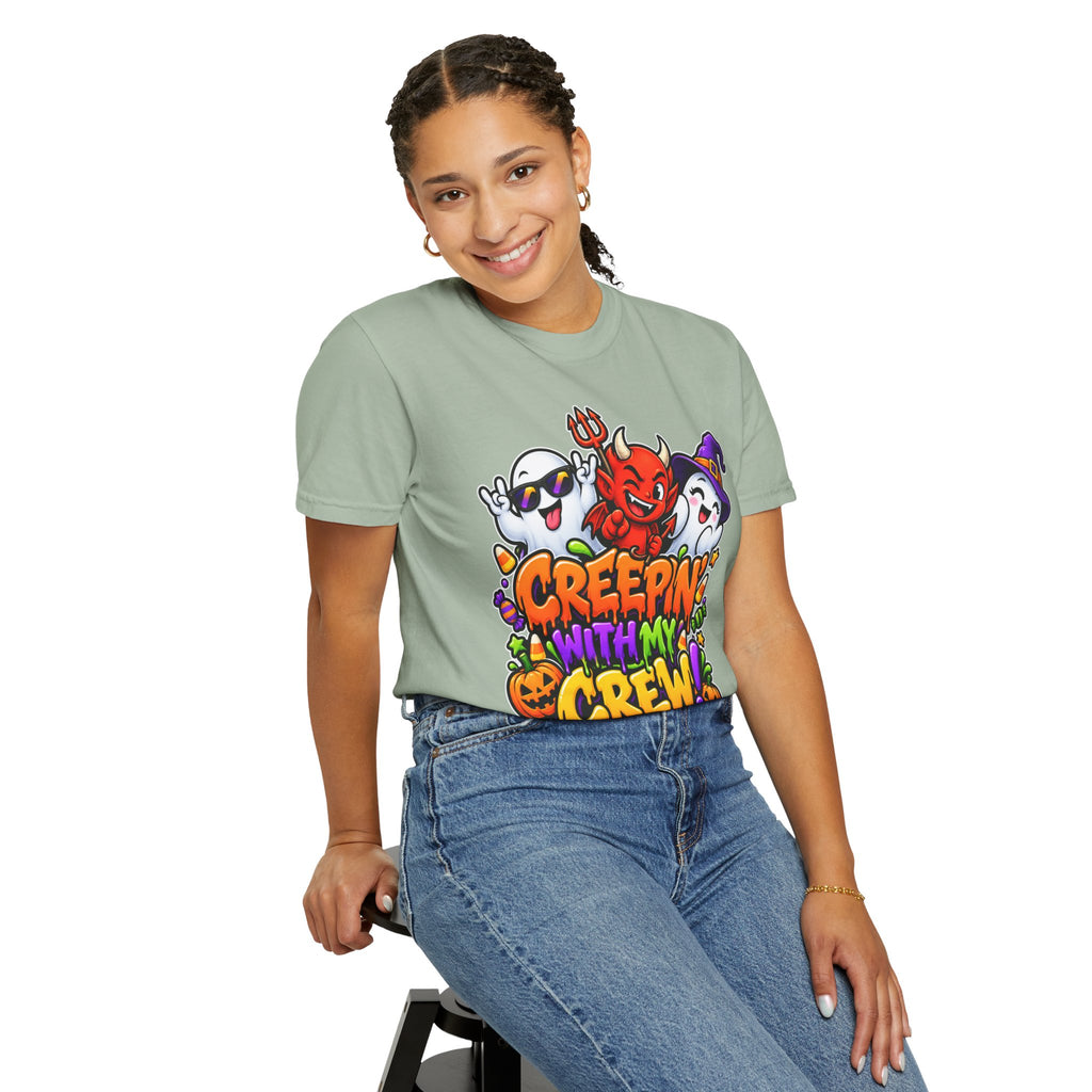 Creepin’ With My Crew Halloween T-Shirt – Colorful Funny Ghost & Devil Graphic Tee