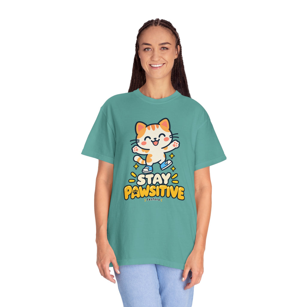 Stay Pawsitive – Cute Happy Cat Graphic T-Shirt