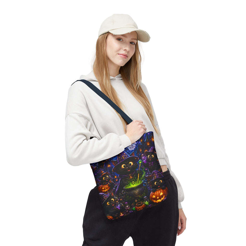 Halloween Black Cat Witches Tote Bag — Cute 3D Cats, Cauldron & Pumpkins Design