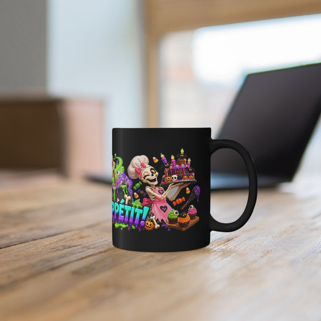 Bone Appetit Skeleton Chefs Halloween Black Mug