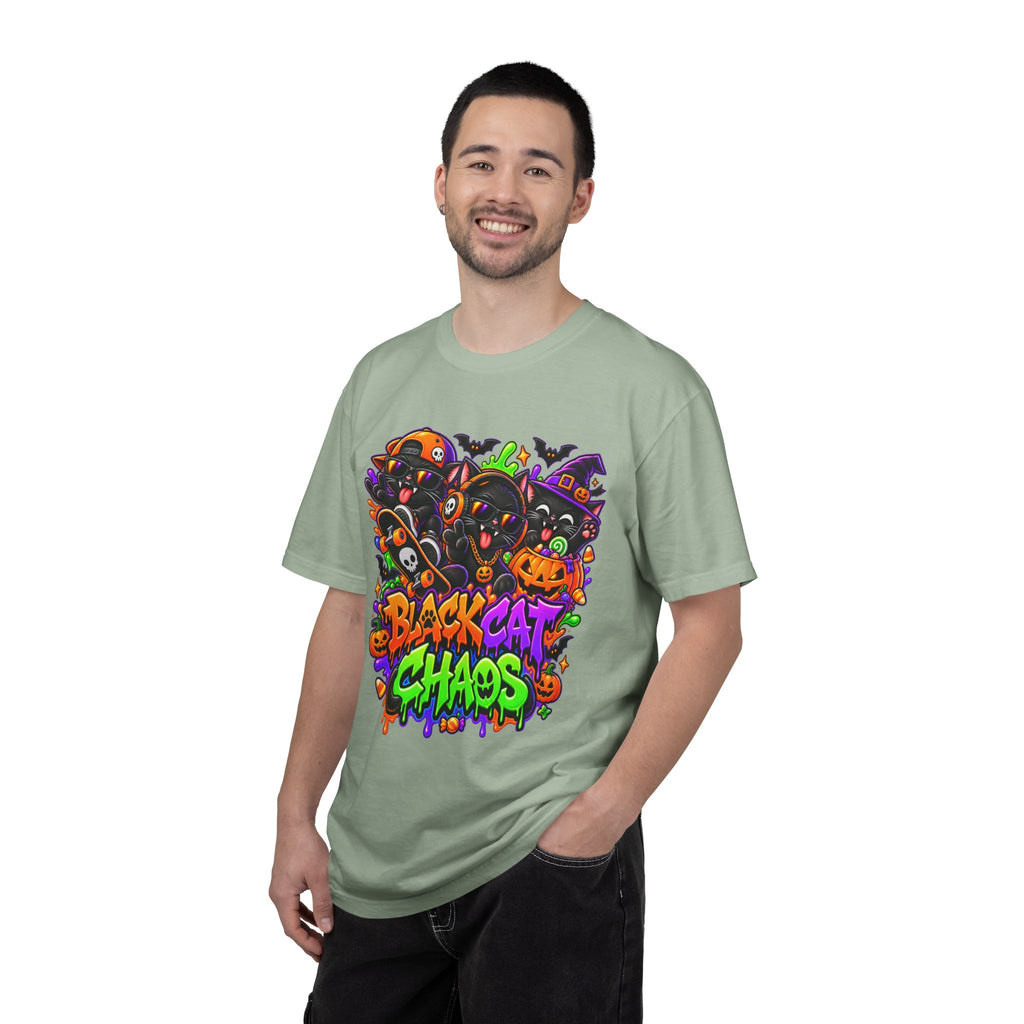 Neon Black Cat Halloween Chaos T-Shirt | Cute Spooky Cat Graphic Tee