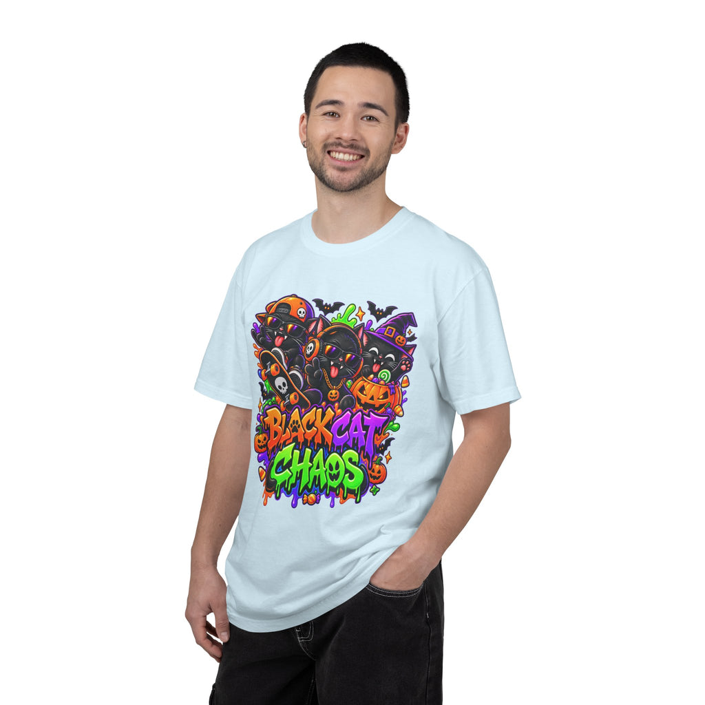 Neon Black Cat Halloween Chaos T-Shirt | Cute Spooky Cat Graphic Tee