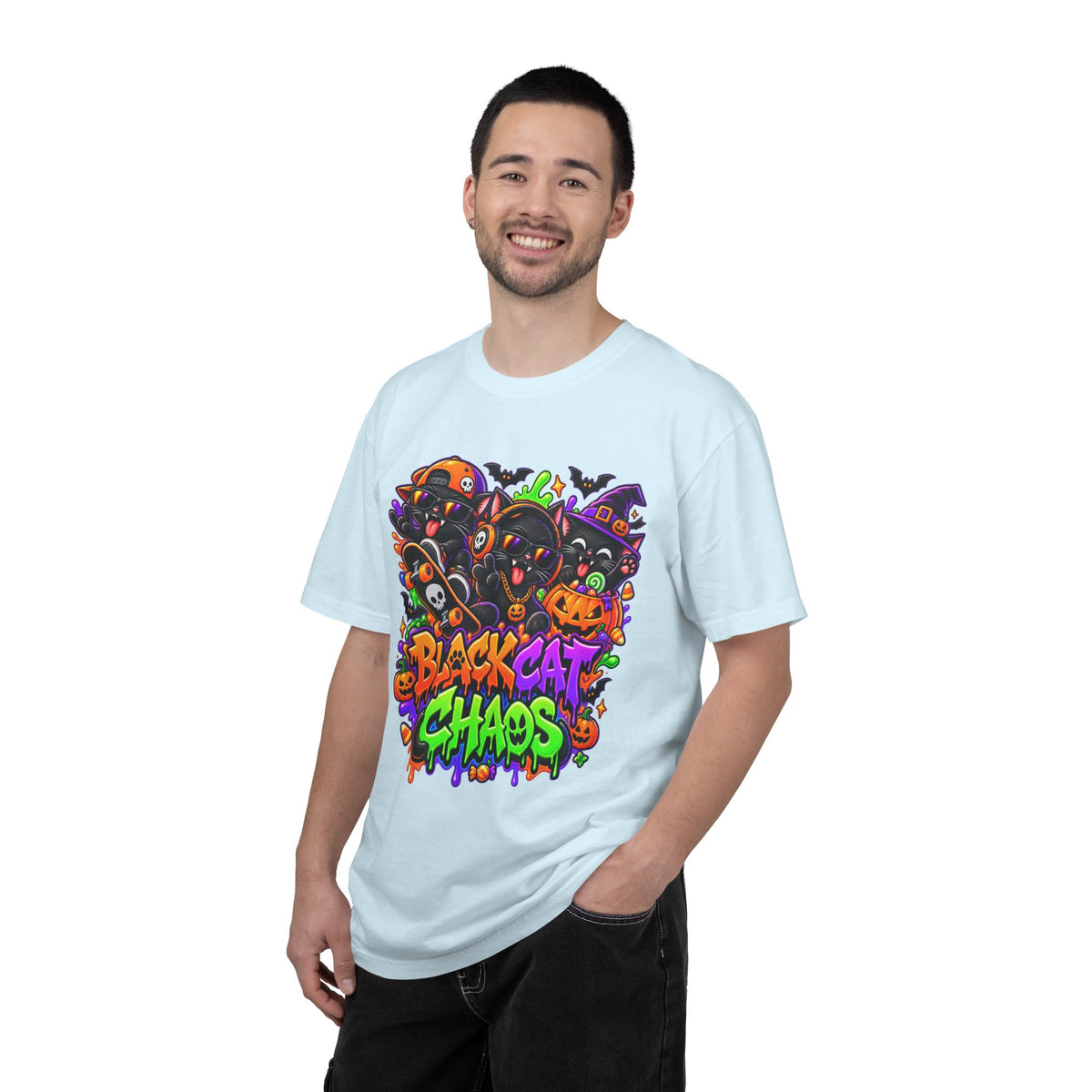 Neon Black Cat Halloween Chaos T-Shirt | Cute Spooky Cat Graphic Tee