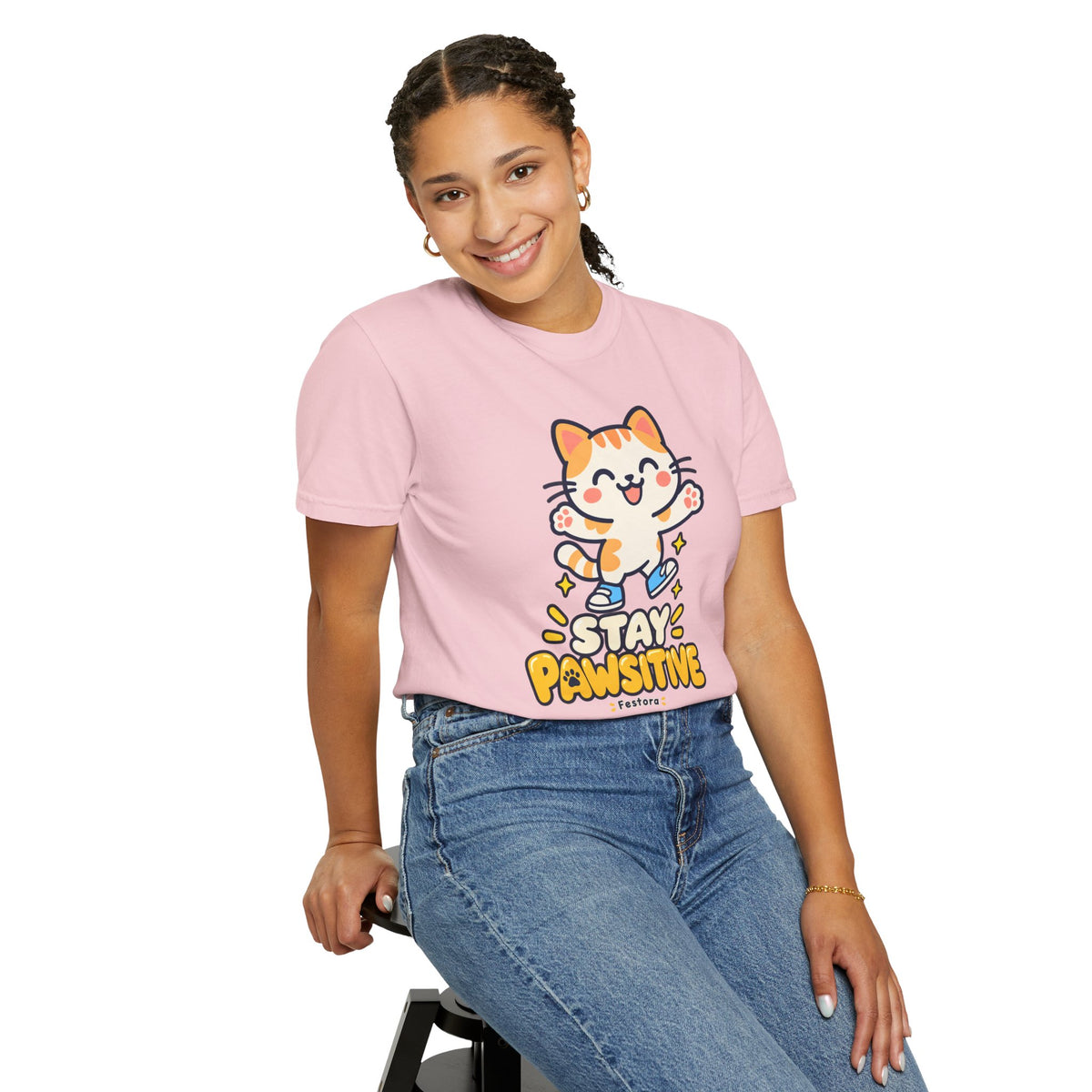 Stay Pawsitive – Cute Happy Cat Graphic T-Shirt