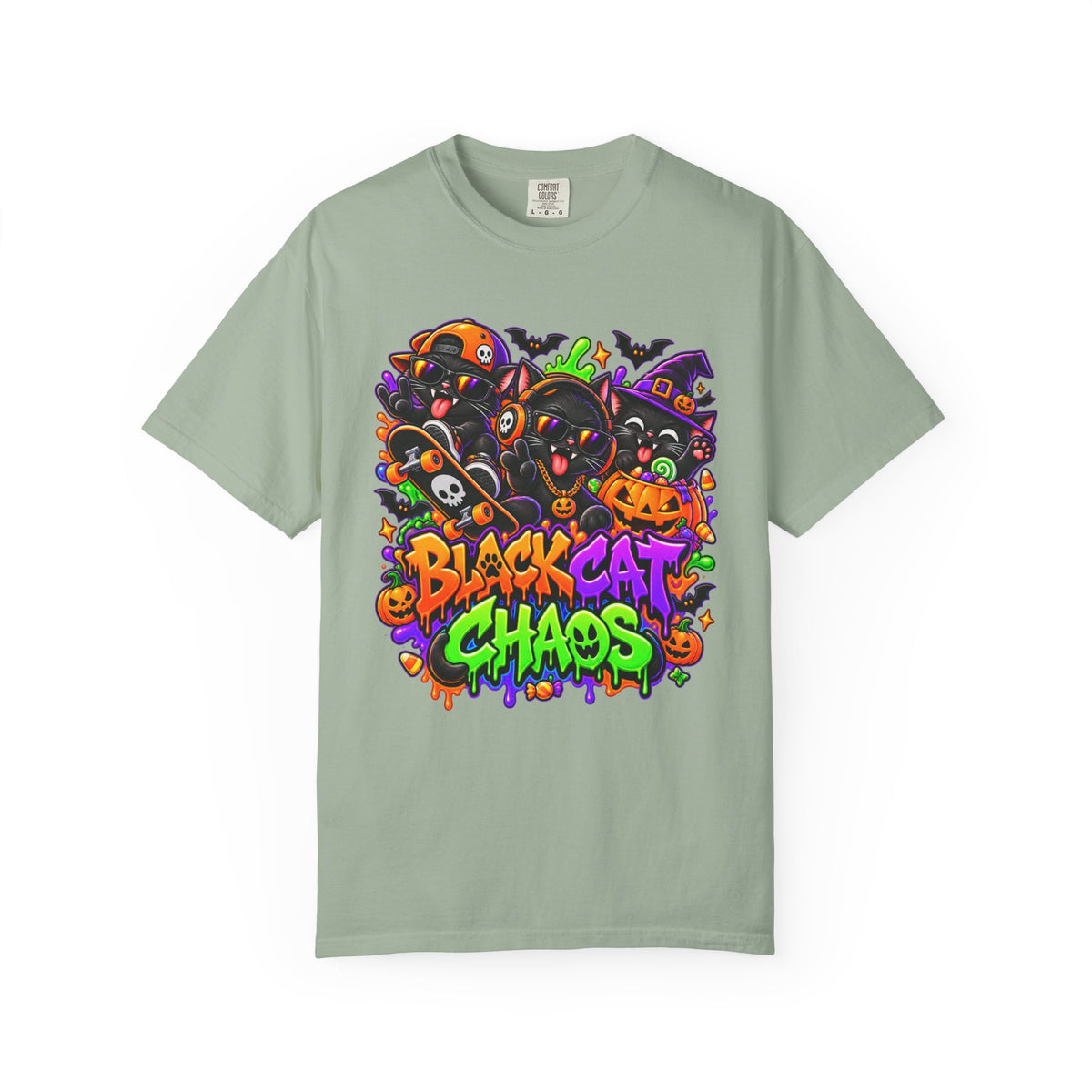 Neon Black Cat Halloween Chaos T-Shirt | Cute Spooky Cat Graphic Tee