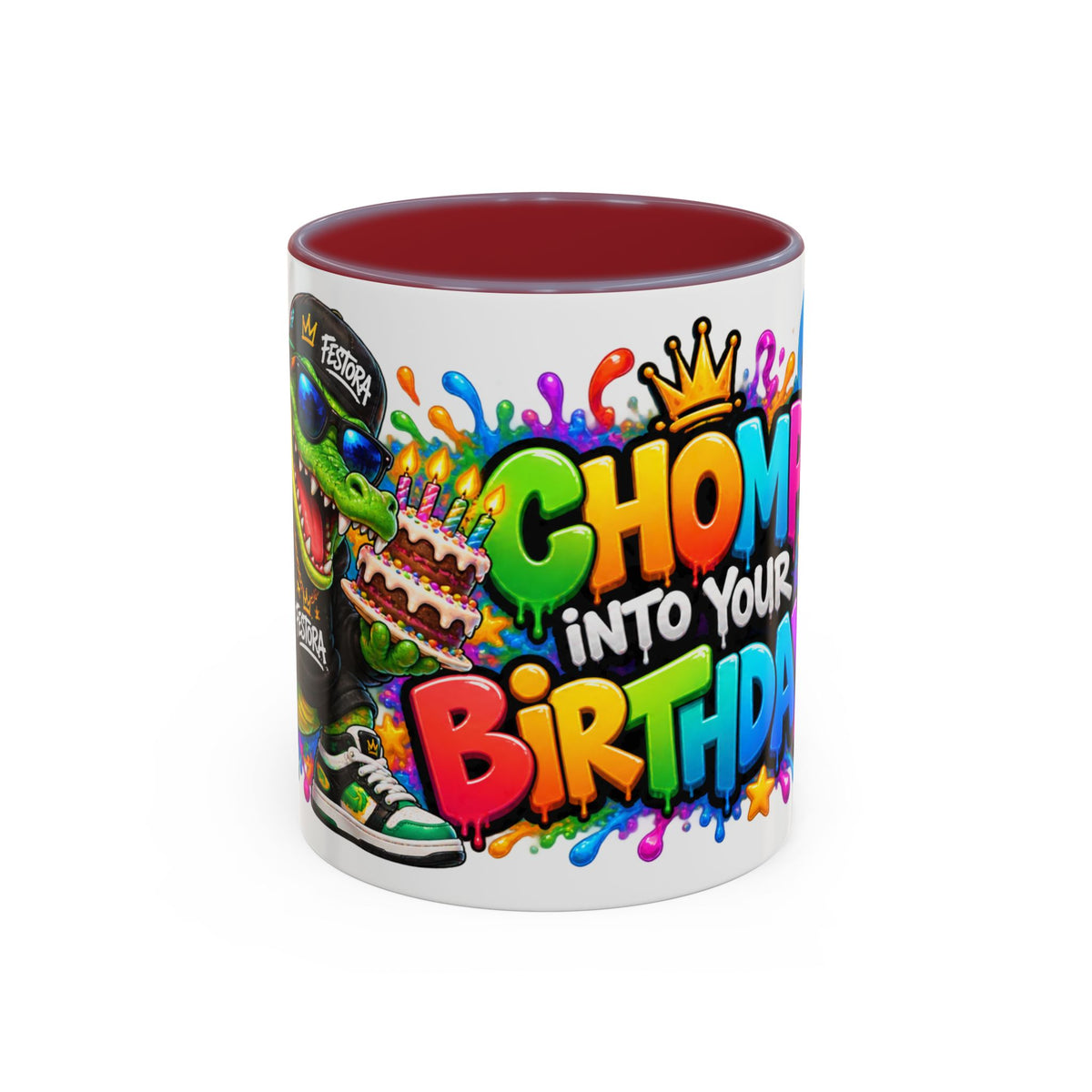 CHOMP INTO YOUR BIRTHDAY! White Ceramic Mug – Funny Crocodile Birthday Coffee Cup – Colorful Party Gift – Original FestoraShop Design