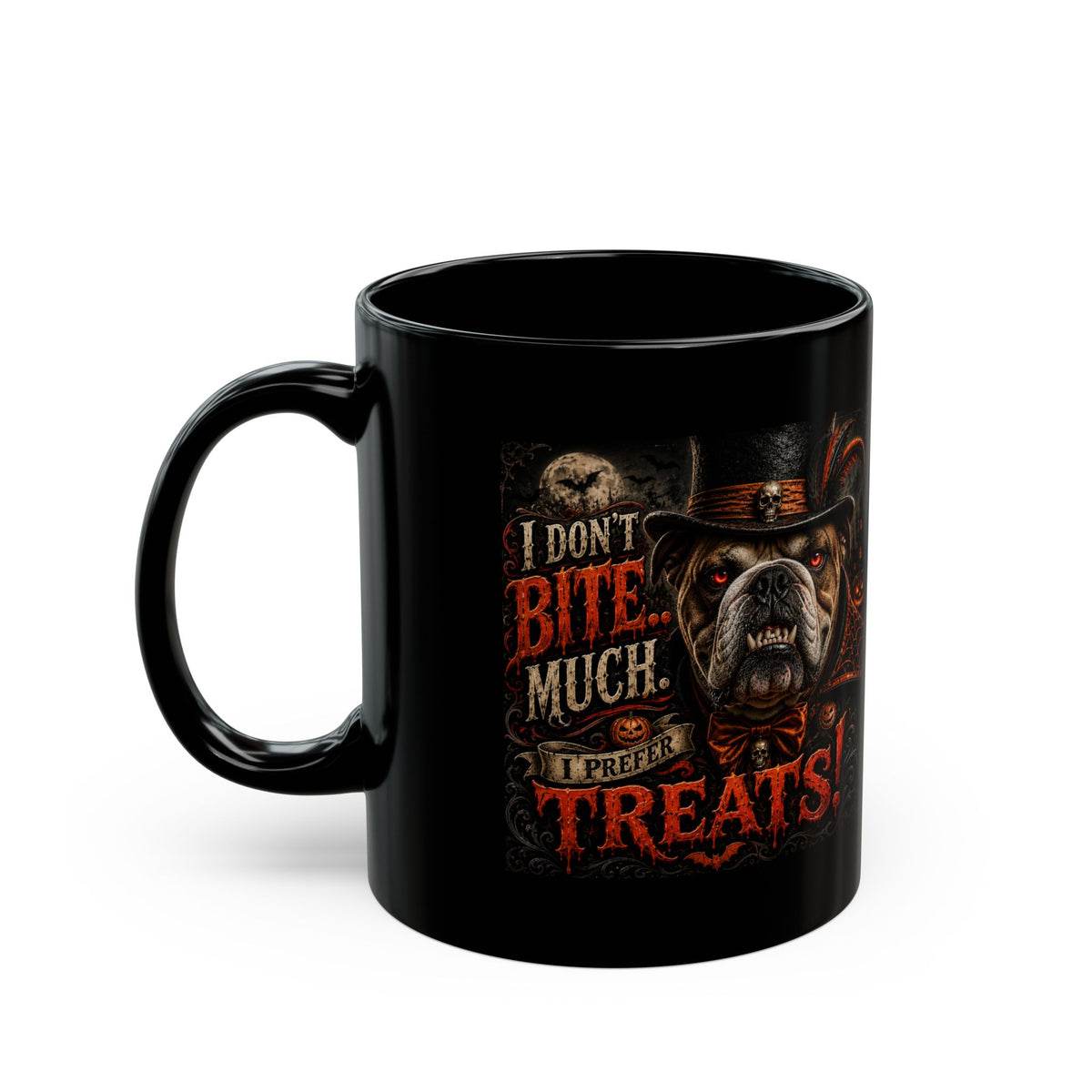 Halloween Bulldog Mug — "I Don't Bite Much. I Prefer Treats!" Black Coffee Cup