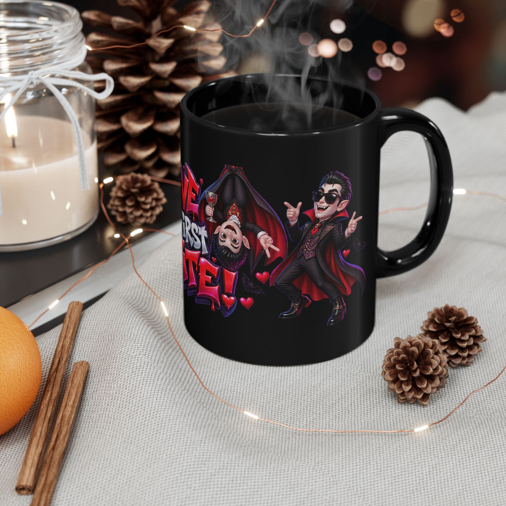 Love at First Bite Funny Vampire Halloween Black Mug