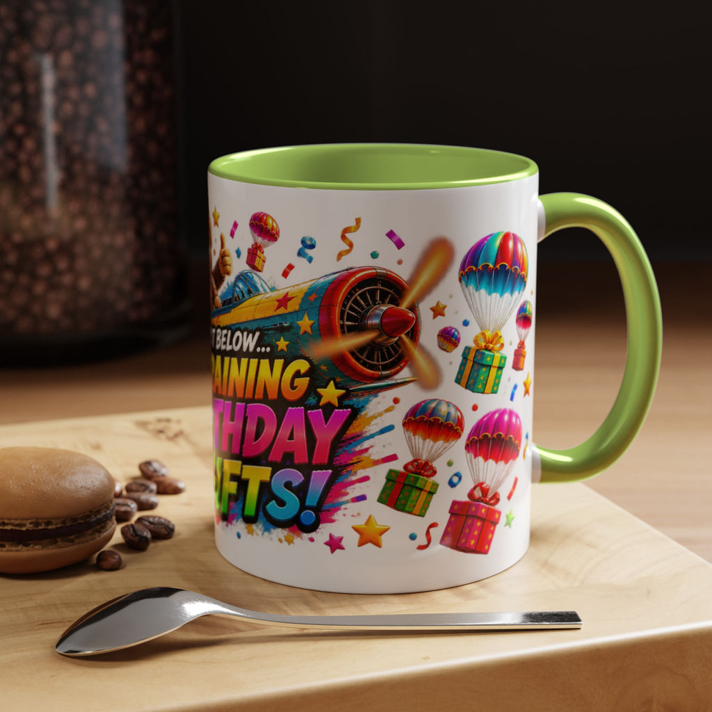 Birthday Gifts Coffee Mug — "It's Raining Birthday Gifts!" Colorful Accent Mug