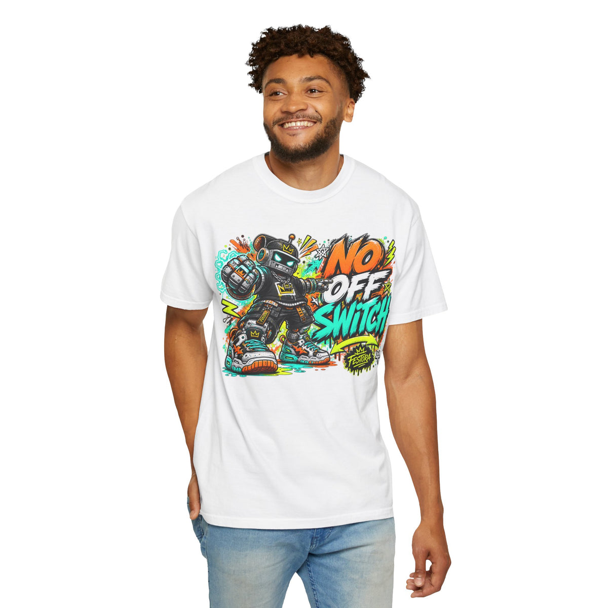 No Off Switch Robot Graphic T-Shirt — Bold Retro Streetwear Design