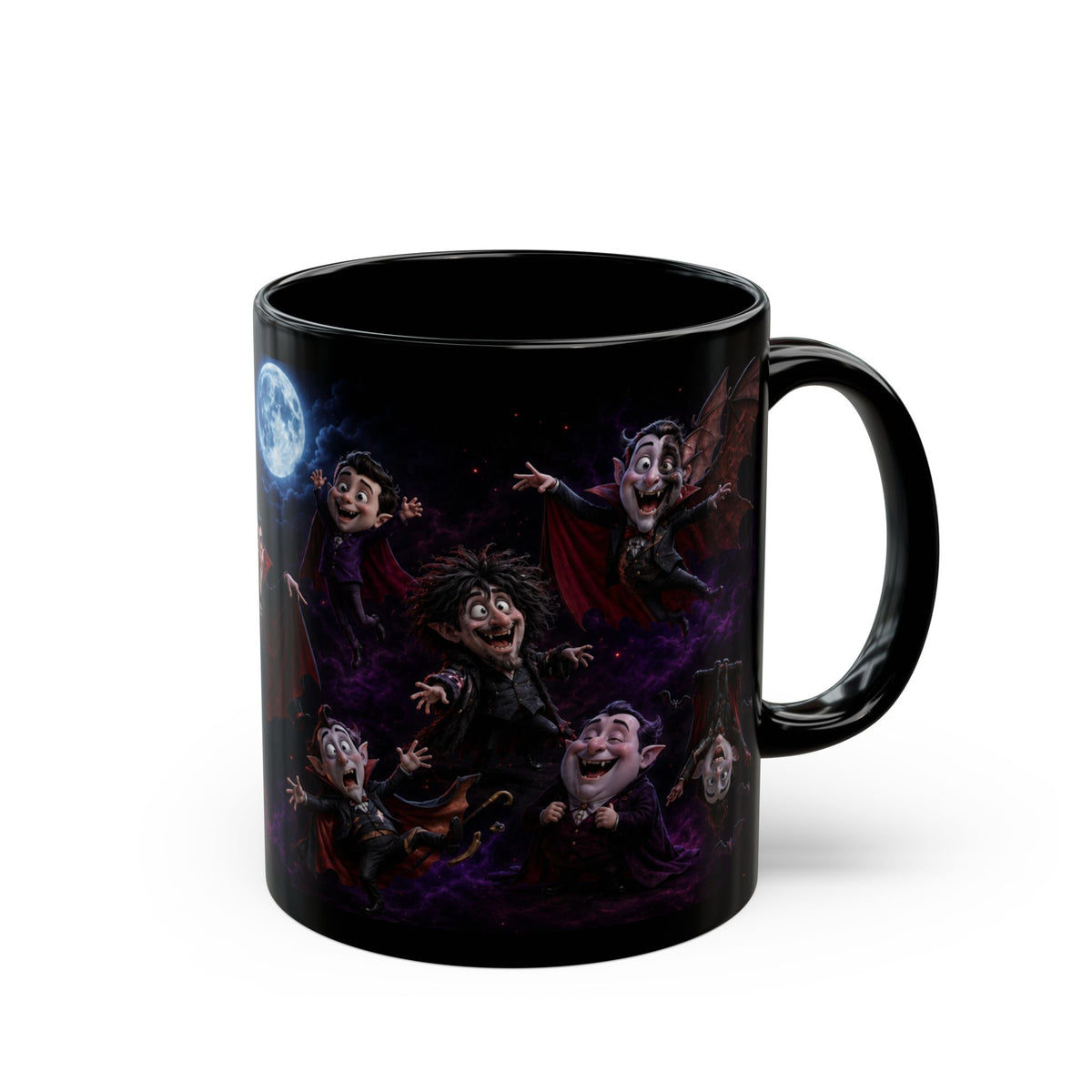 Funny Vampire  Black Mug – Moonlit Halloween Cartoon Wraparound (11oz, 15oz)