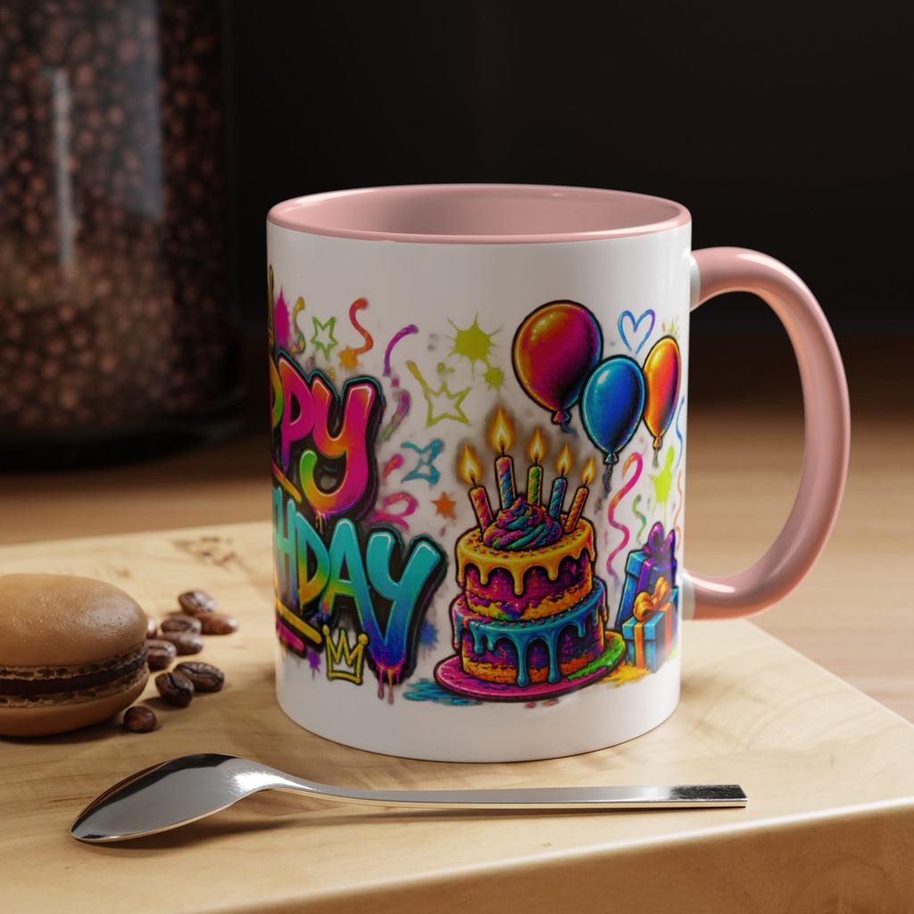 Happy Birthday Accent Coffee Mug – Colorful Graffiti Cake & Balloons (11/15oz)