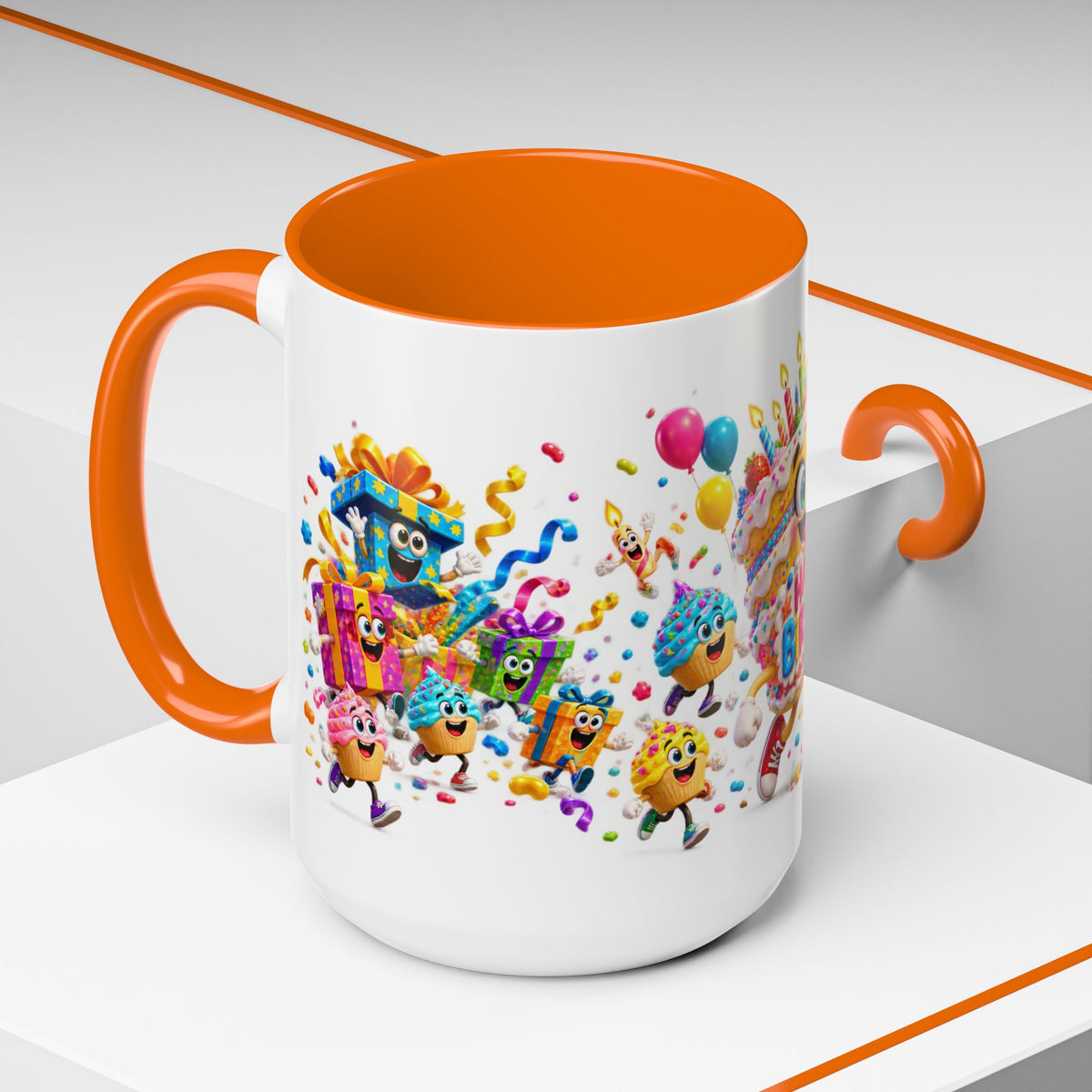 Birthday Party Coffee Mug – Colorful Happy Birthday Cake & Balloon Design (11/15oz Accent Mug)