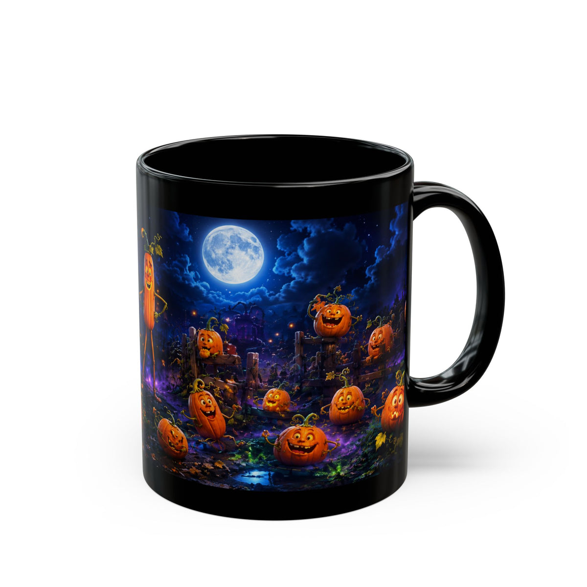 Halloween Pumpkin Patch Black Mug — Spooky Moonlit Jack-o'-Lantern Coffee Cup (11oz & 15oz)