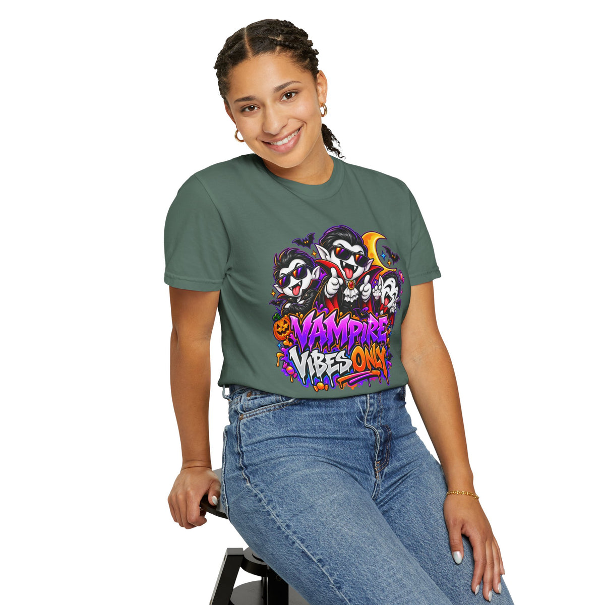 Neon Vampire Vibes Halloween Unisex Garment-Dyed T-Shirt Featuring a Cool Festora Vampire Crew