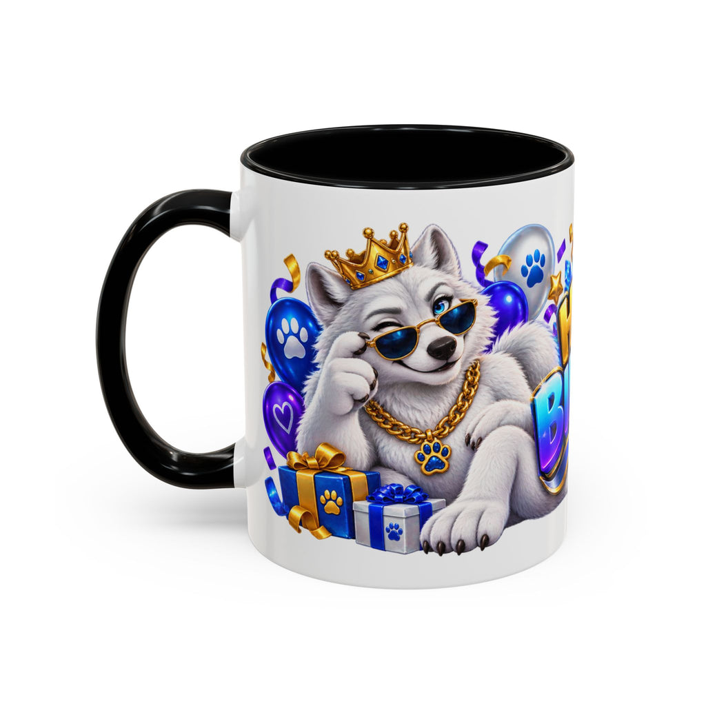 White Wolf Happy Birthday Mug – Blue Purple & Gold Birthday Gift – FestoraShop White Coffee Mug