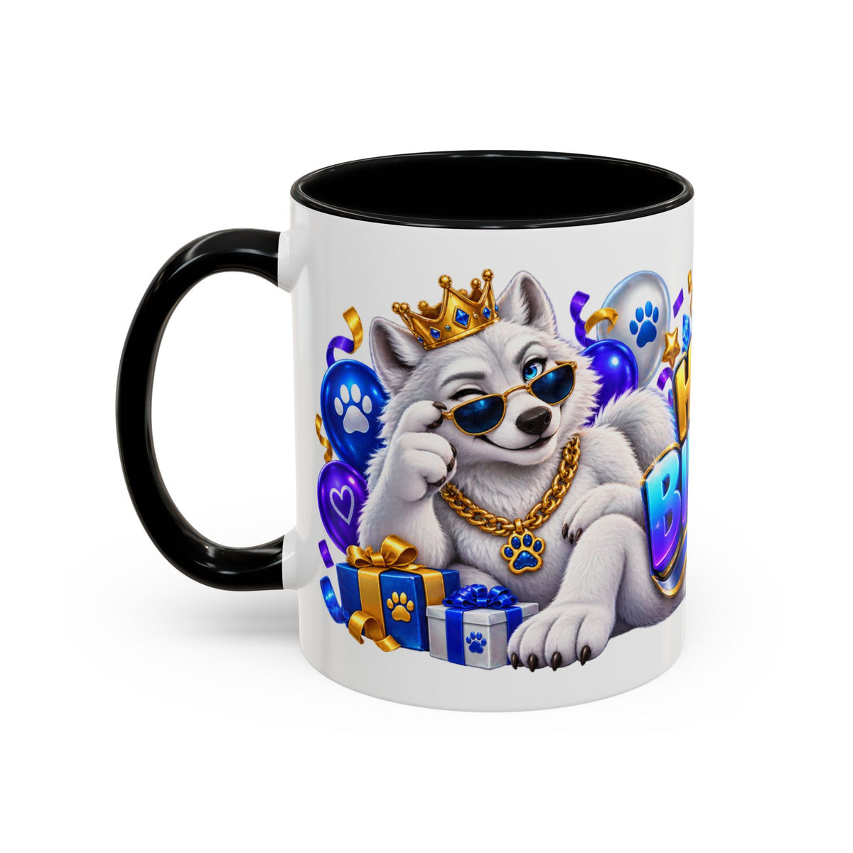 White Wolf Happy Birthday Mug – Blue Purple & Gold Birthday Gift – FestoraShop White Coffee Mug