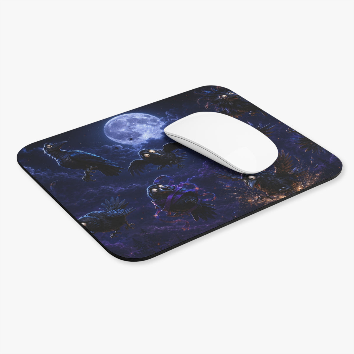 Raven Moon Mouse Pad — Playful Midnight Bird Design