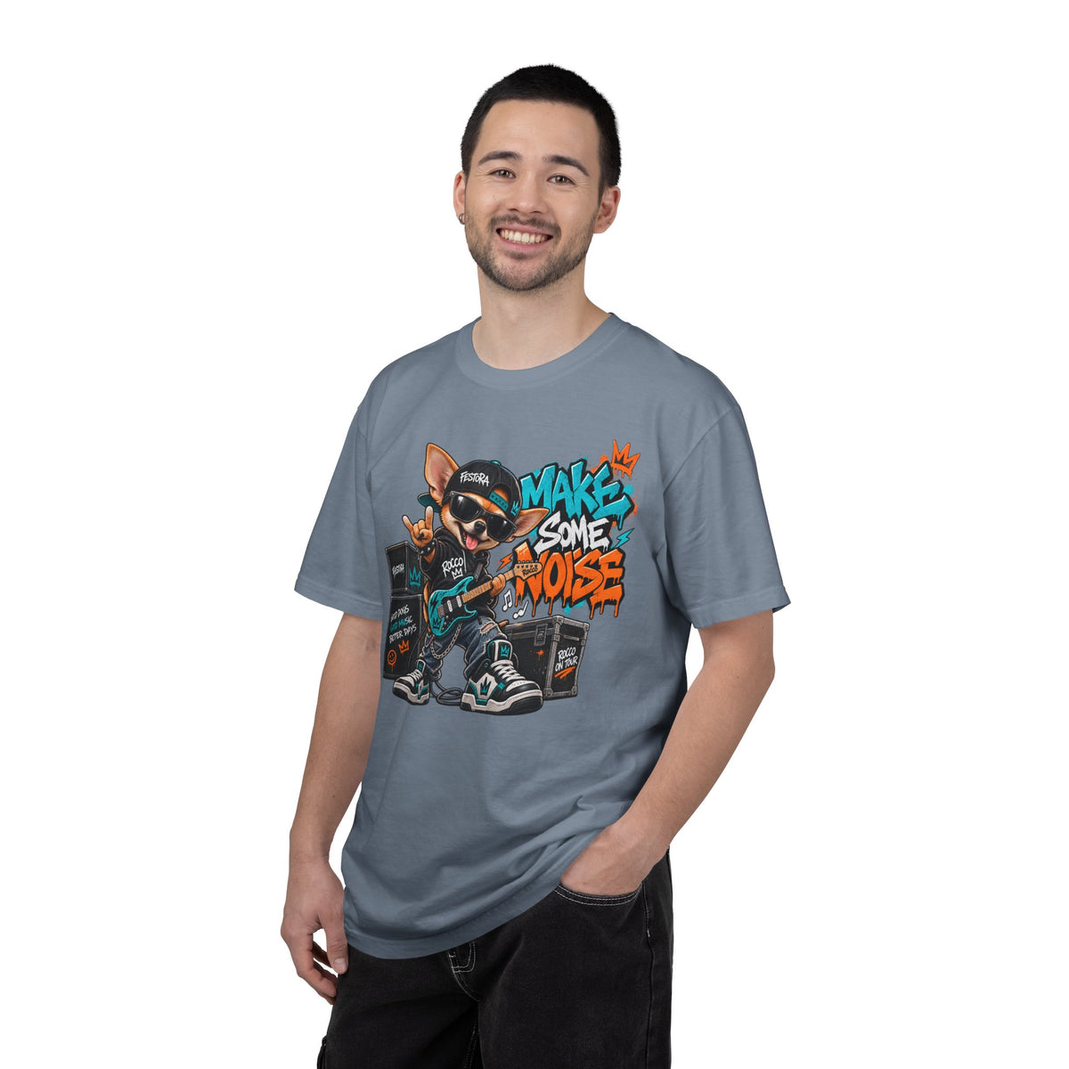 Make Some Noise Rocco Graphic T-Shirt — Streetwear Rock Dog Tee