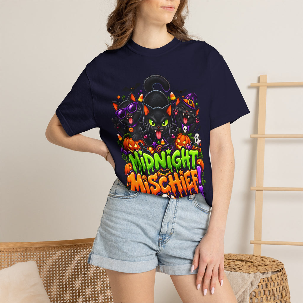 Midnight Mischief Halloween T-Shirt – Funny Black Cat Graphic Tee