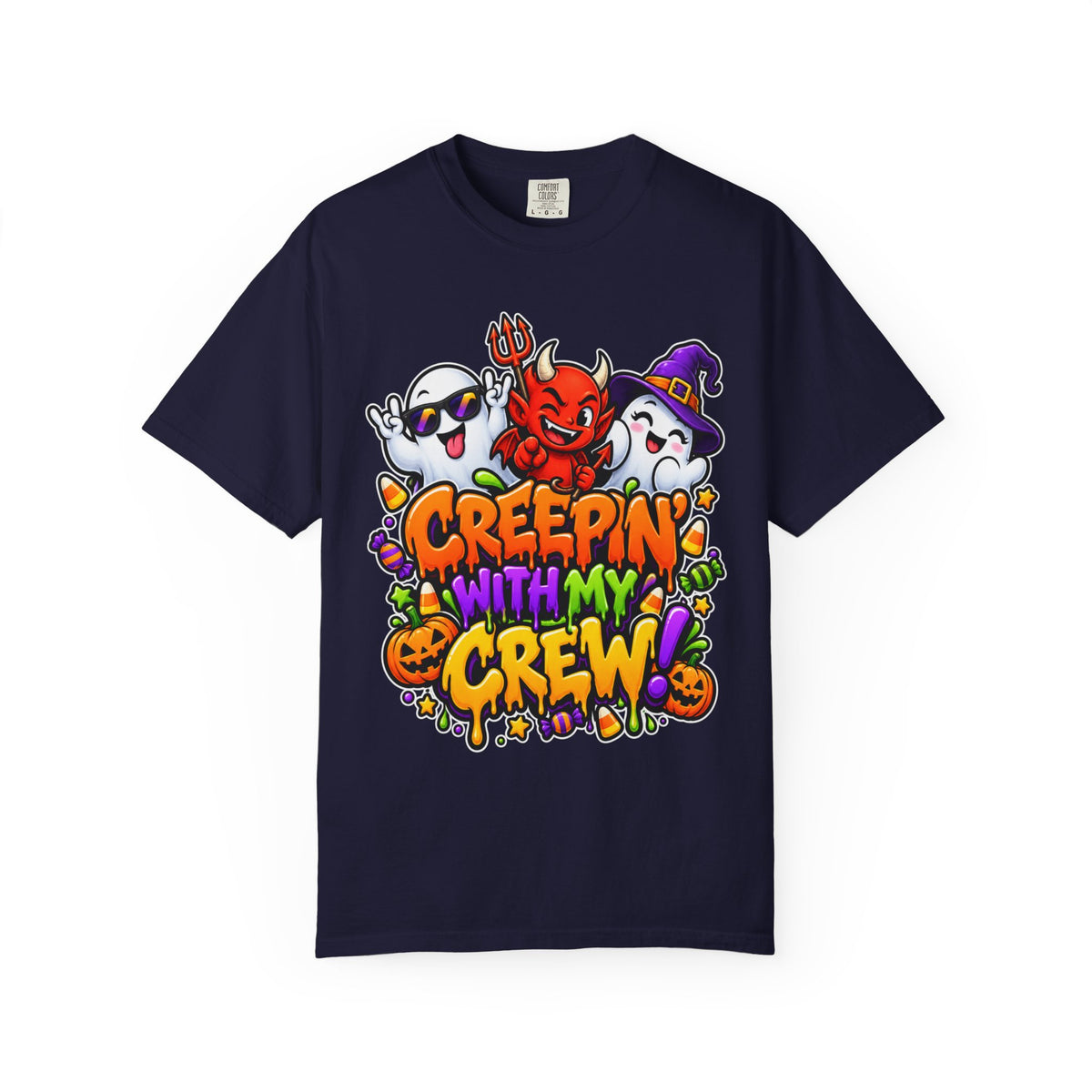 Creepin’ With My Crew Halloween T-Shirt – Colorful Funny Ghost & Devil Graphic Tee