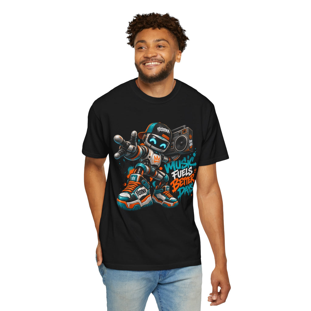 Music Fuels Better Days T-Shirt — Retro Robot Boombox Streetwear