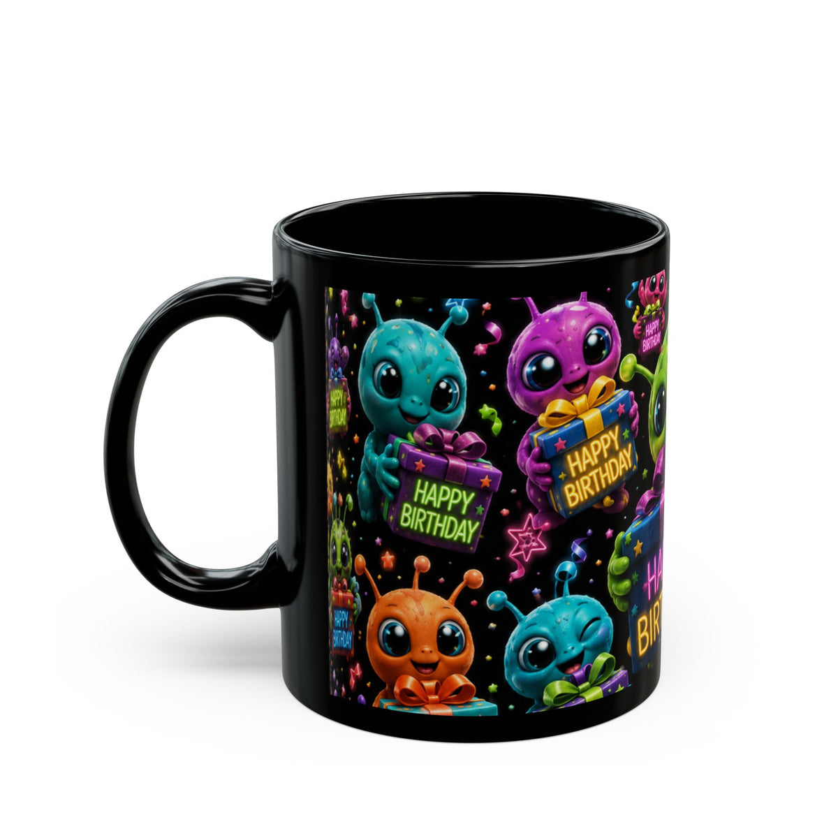 Happy Birthday Alien Mug — Cute Colorful Black Birthday Coffee Cup