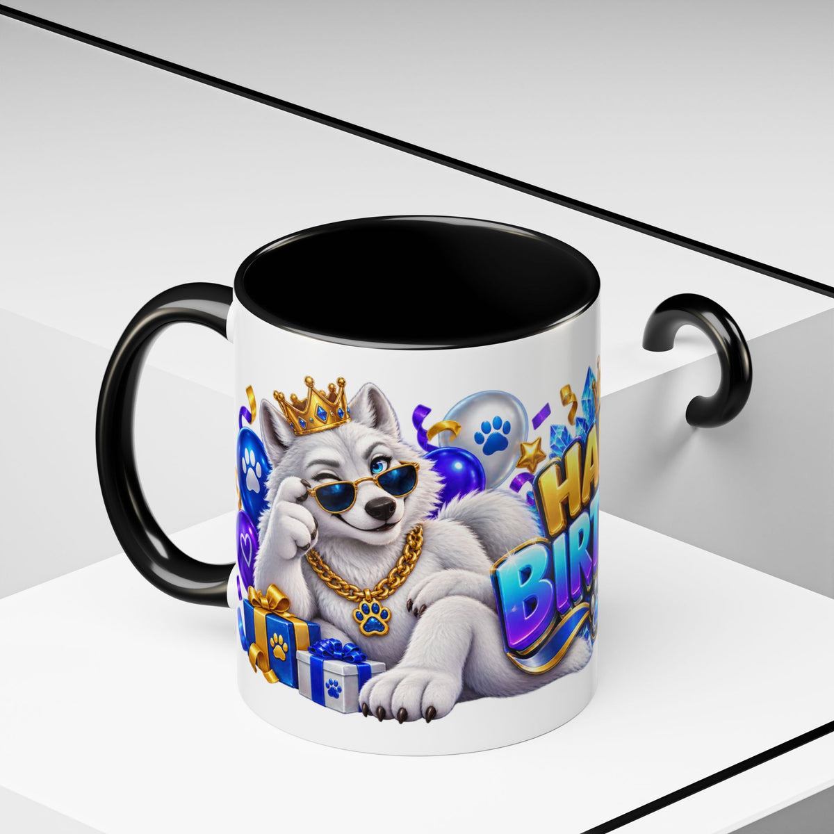 White Wolf Happy Birthday Mug – Blue Purple & Gold Birthday Gift – FestoraShop White Coffee Mug