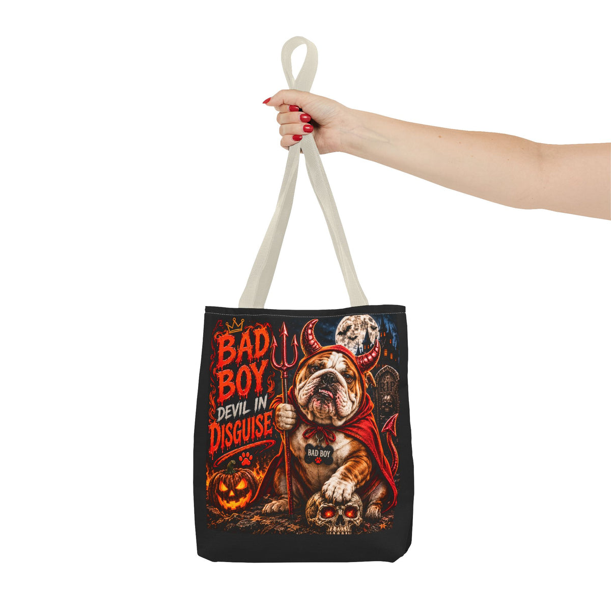 Halloween Bulldog Tote Bag – "Bad Boy Devil in Disguise" Gothic Pumpkin Skull Design
