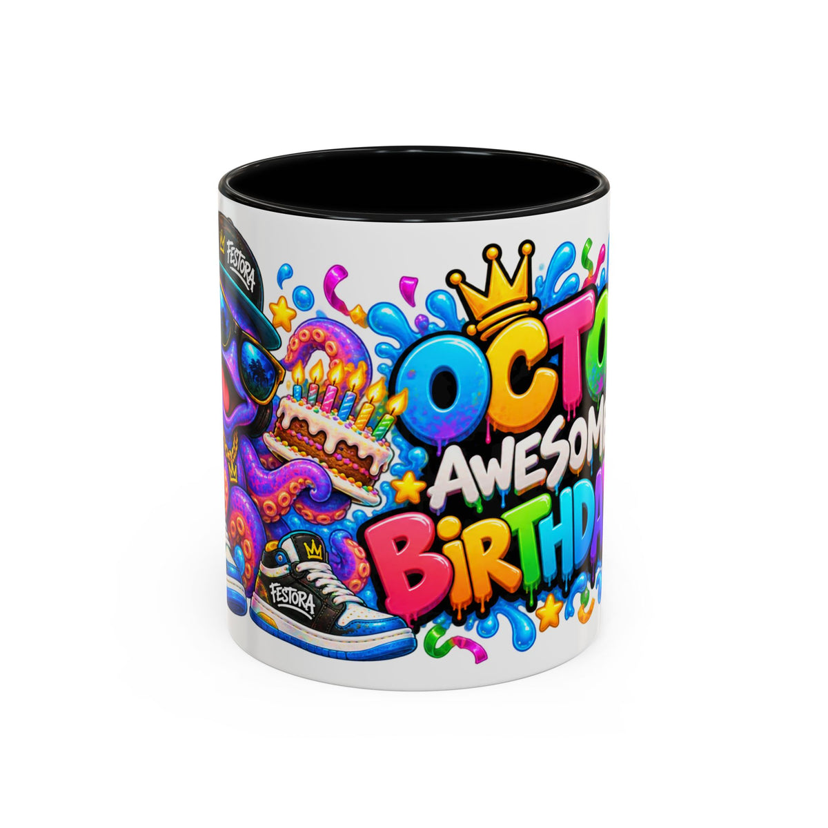OCTO AWESOME BIRTHDAY! White Ceramic Mug – Funny Octopus Birthday Coffee Cup – Colorful Party Gift – Original FestoraShop Design