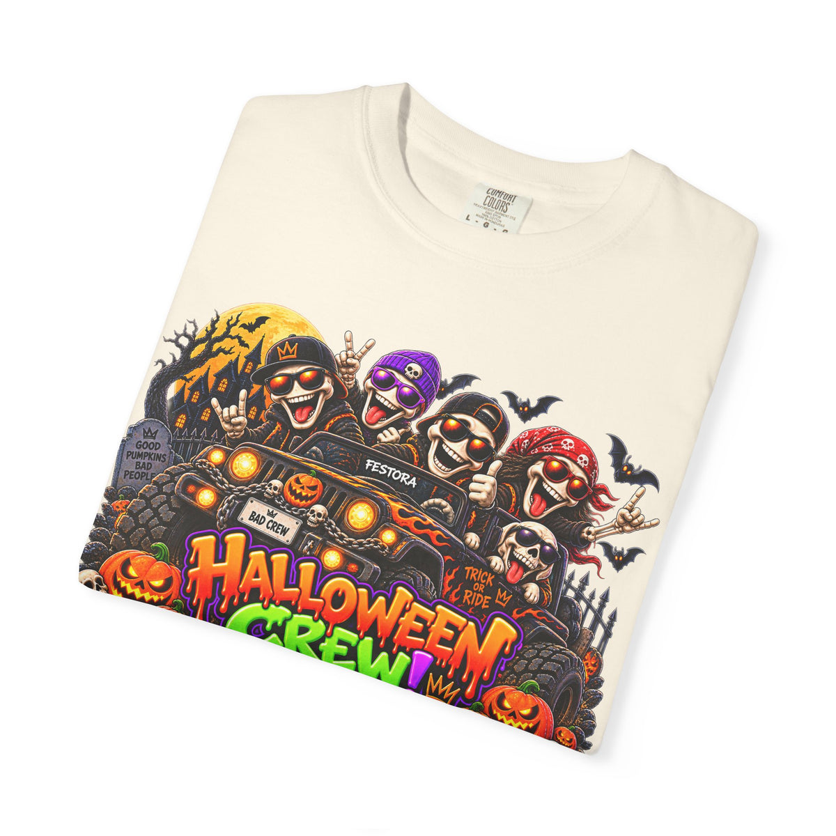 Halloween Crew T-Shirt – Skeleton Jeep Spooky Graphic Tee