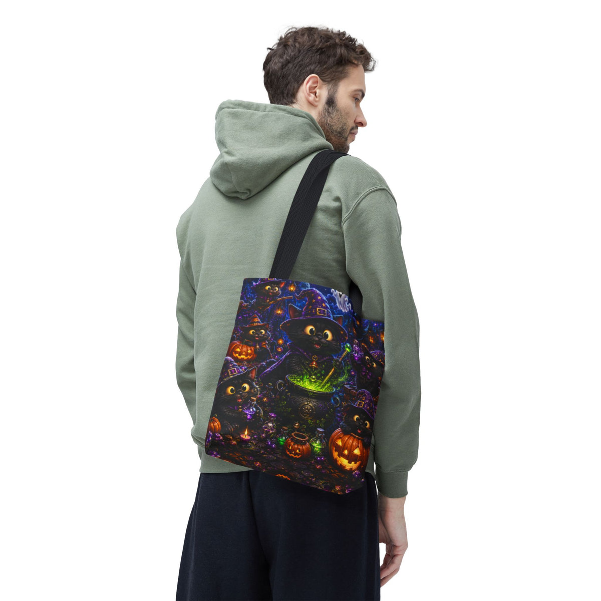 Halloween Black Cat Witches Tote Bag — Cute 3D Cats, Cauldron & Pumpkins Design
